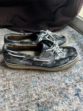 Sperry Women's Black and Silver Camouflage Glitter Boat Shoes